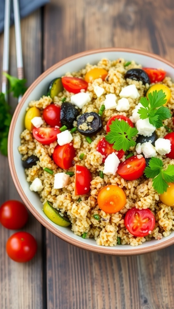 A colorful quinoa salad with roasted vegetables and feta cheese on a rustic wooden table.